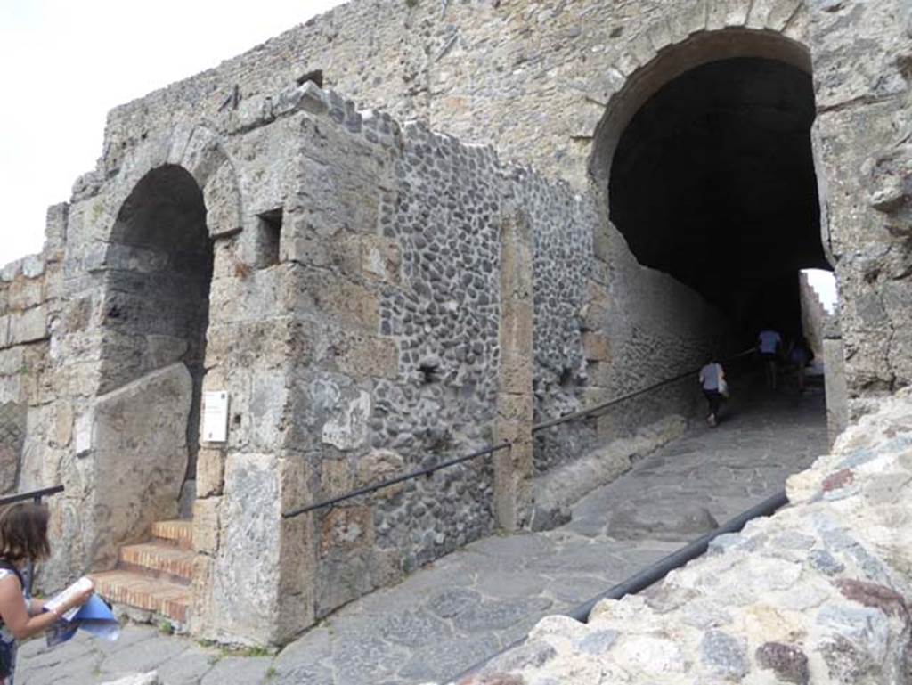 Pompeii, Porta Marina, June 2017. Looking towards north wall of gateway, with steps to pedestrian tunnel, on left. Photo courtesy of Michael Binns.
