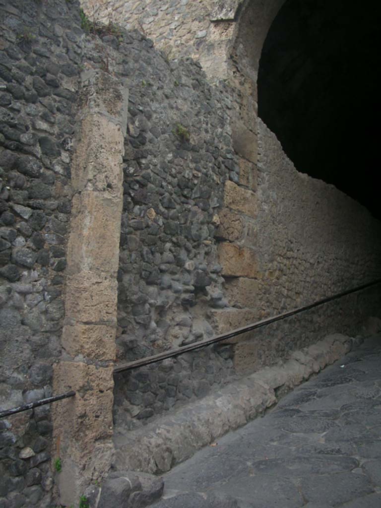 Porta Marina, Pompeii. May 2011. 
Looking east along north wall of wider tunnel into gate. Photo courtesy of Ivo van der Graaff.
