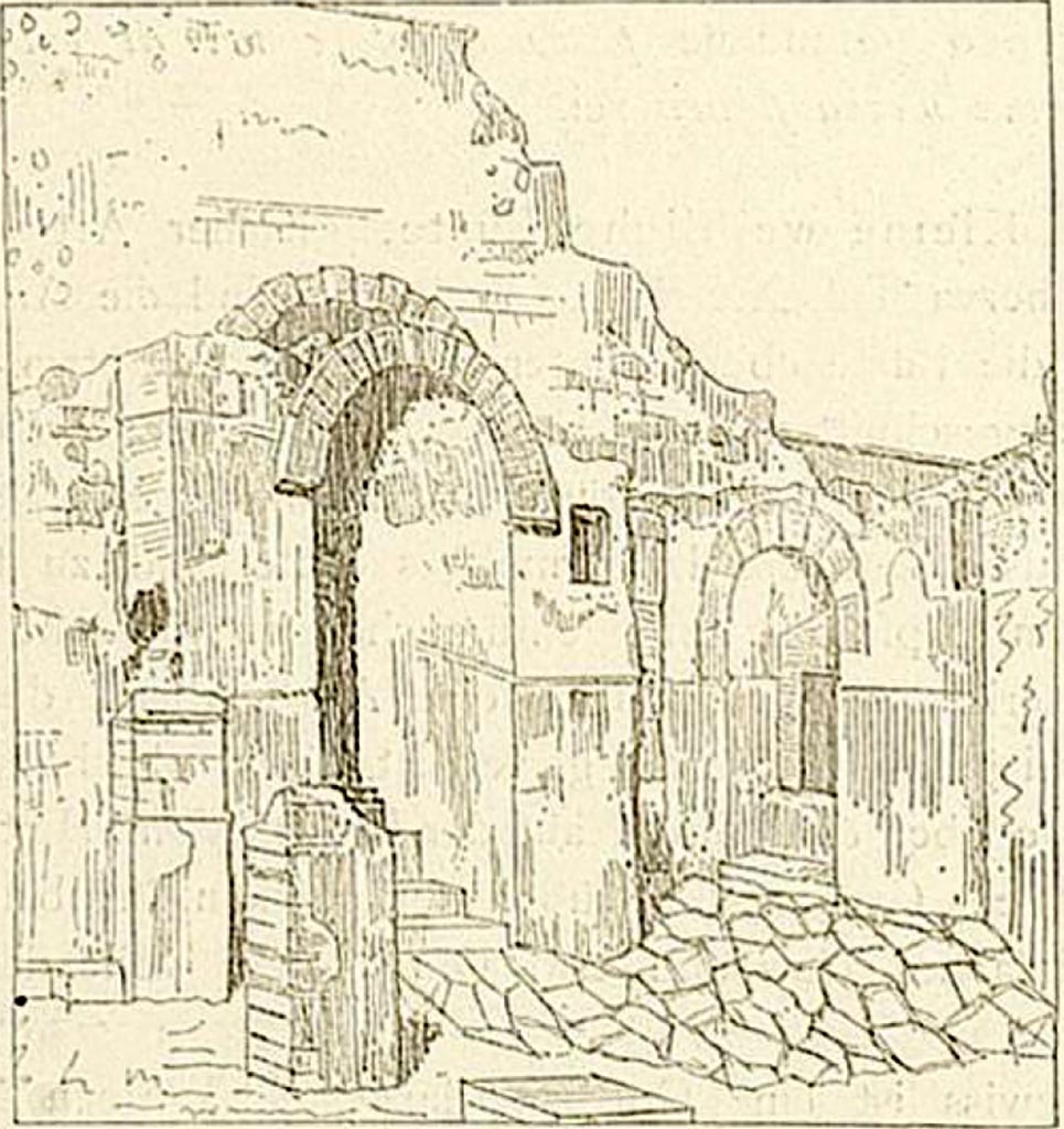 Pompeii Porta Marina. 1880. South side of gate. Woodcut image by Von Rohden.
According to Von Rohden, the fragments of the statue of Minerva were found in the aedicula niche on the 3rd of April 1861.  
See Von Rohden, H., 1880. Die Terracotten von Pompeji. Stuttgart: Spemann, p. 44, fig.24. 
According to Van der Graaff, the Porta Marina preserves a large niche embedded in its southern exterior bastion. The niche is now devoid of embellishments, but a [this] nineteenth century print indicates that it once featured a plaster coating similar to the niches of the Porta Stabia. 
See Van der Graaff, I., 2019. The Fortifications of Pompeii and Ancient Italy. Abingdon, Oxon: Routledge, p. 209.
