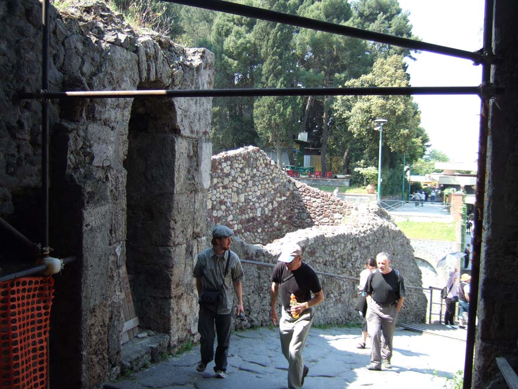 Pompeii Porta Marina. May 2006. 
Looking west out from gate for modern tourists, used in the past for larger goods, carts and animals. 
