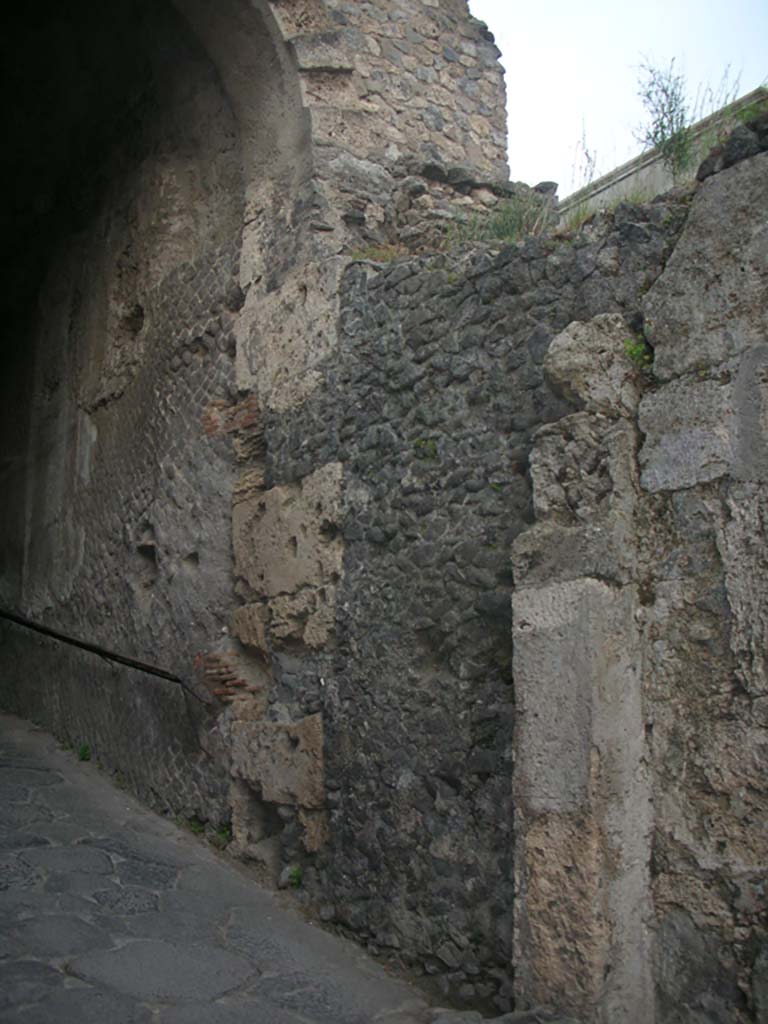 Porta Marina, Pompeii. May 2011. 
Looking east along south wall of gate. Photo courtesy of Ivo van der Graaff.
