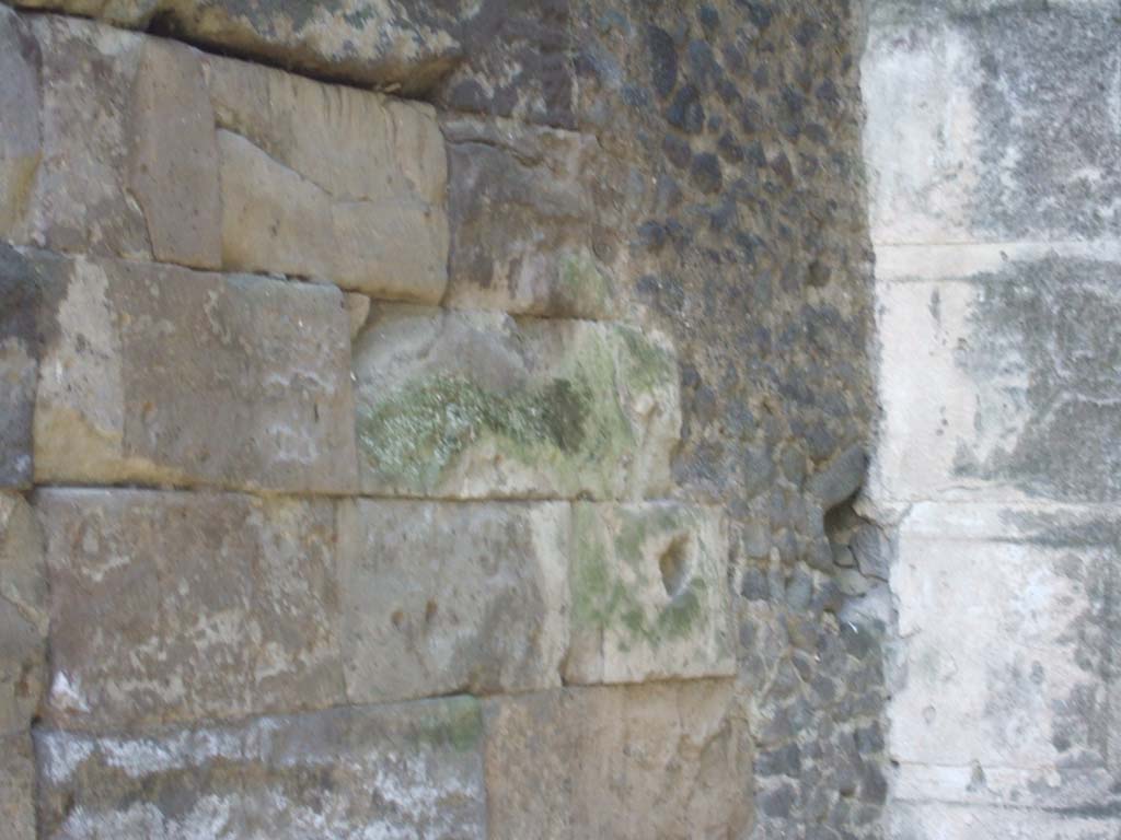 Vesuvian Gate Pompeii. May 2006. Wall to left of Tower X showing impact by war machines used by Sulla.