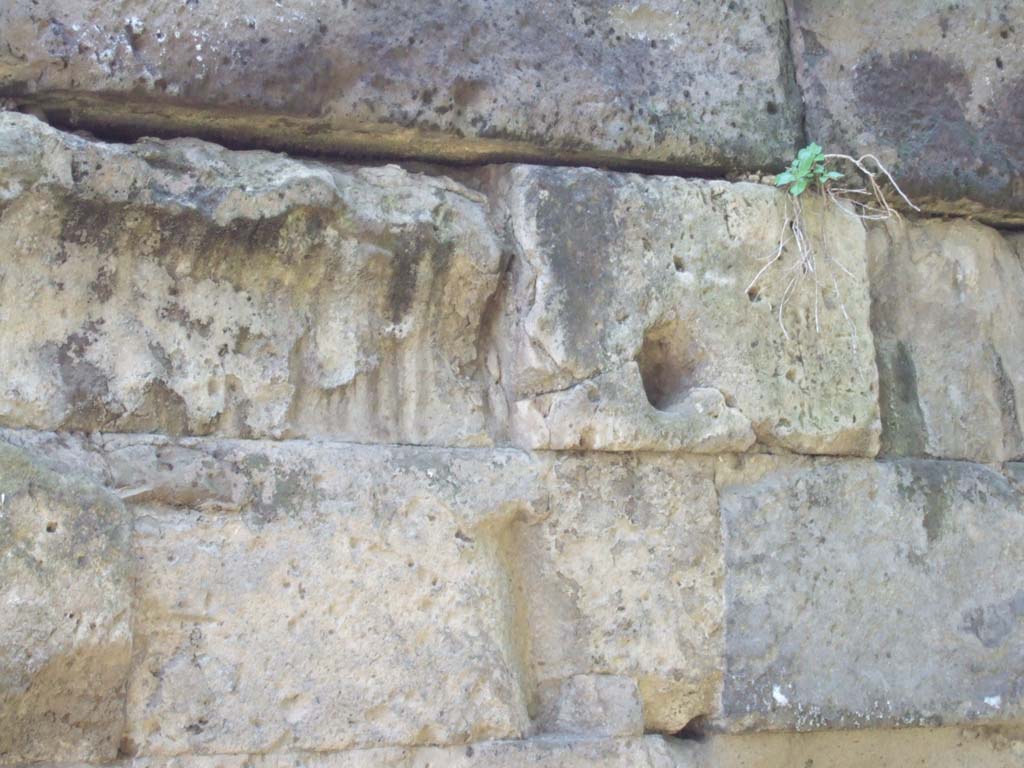 Vesuvian Gate Pompeii. May 2006. Wall to left of Tower X showing impact by war machines used by Sulla.