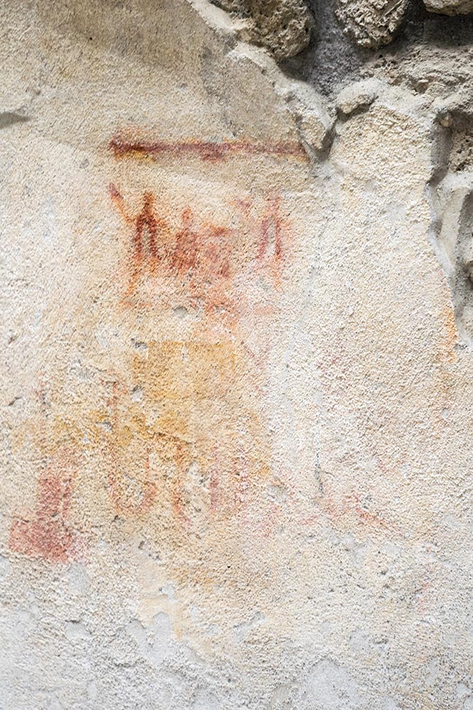 IX.12.6 Pompeii. July 2024. 
Room “n1”, preparatory sketch for lararium, on west wall. Photo courtesy of Johannes Eber.
