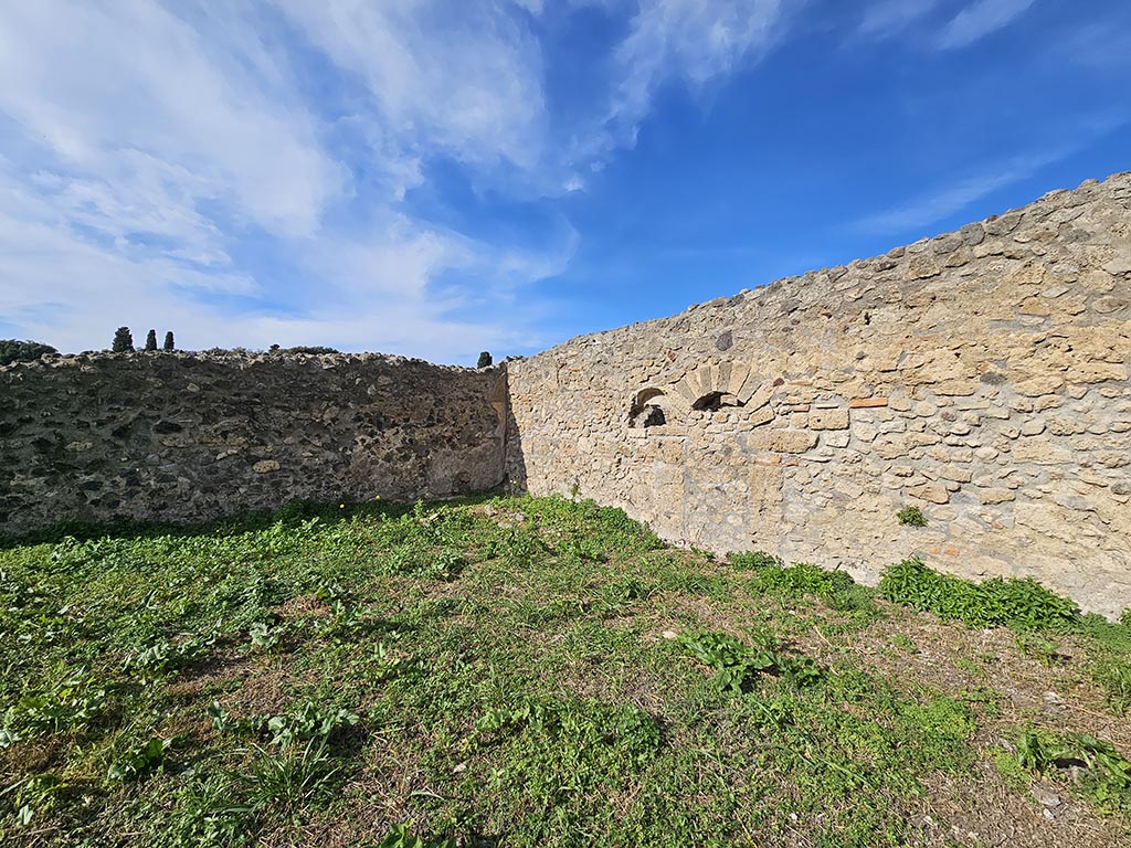 I.2.20 Pompeii. November 2024. 
Looking towards north-west corner and masonry biclinium of garden area, with niche in north wall. Photo courtesy of Annette Haug.

