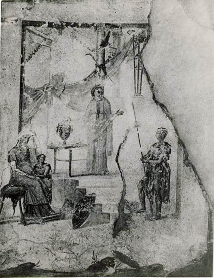 I.2.28 Pompeii. West wall of triclinium. See Warscher T., 1935. Codex Topographicus Pompeianus: Regio I.2. (no.62), Rome: DAIR, whose copyright it remains.
See Ruesch, A., 1908. Guida illustrata del Museo Nazionale di Napoli, Napoli: Richter, (p.301/2).
