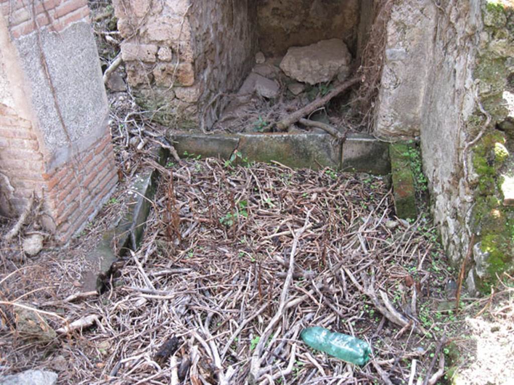 I.3.3 Pompeii. September 2010. Subterranean Level, looking south towards the area on the east side of the steps, and detail of basin. Photo courtesy of Drew Baker.
Mau described the basin, as “not very deep and lined with tufa”. According to Mau, “it was not easy to define these rooms with certainty. It was not a bath, but it would be possible, and I am disposed to think it, that here one did the laundry”. See Mau, A, in BdI 1874, (p.180)
According to Fiorelli, “there was the staircase that led to the peristyle, but half way up one meets a short descent, that led to a complex of small rooms destined perhaps to be the bath, in the first of which we have a tank that takes water from the peristyle thanks to a tube (pipe) of lead”. See Pappalardo, U., 2001. La Descrizione di Pompei per Giuseppe Fiorelli (1875). Napoli: Massa Editore. (p.38)
