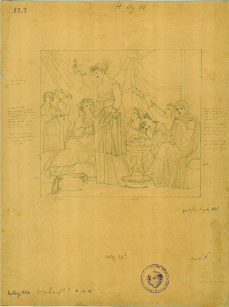 I.3.18 Pompeii. Drawing by L. Schulz dated 1868, of a womens banquet scene.
DAIR 83.3. Photo  Deutsches Archologisches Institut, Abteilung Rom, Arkiv. 

