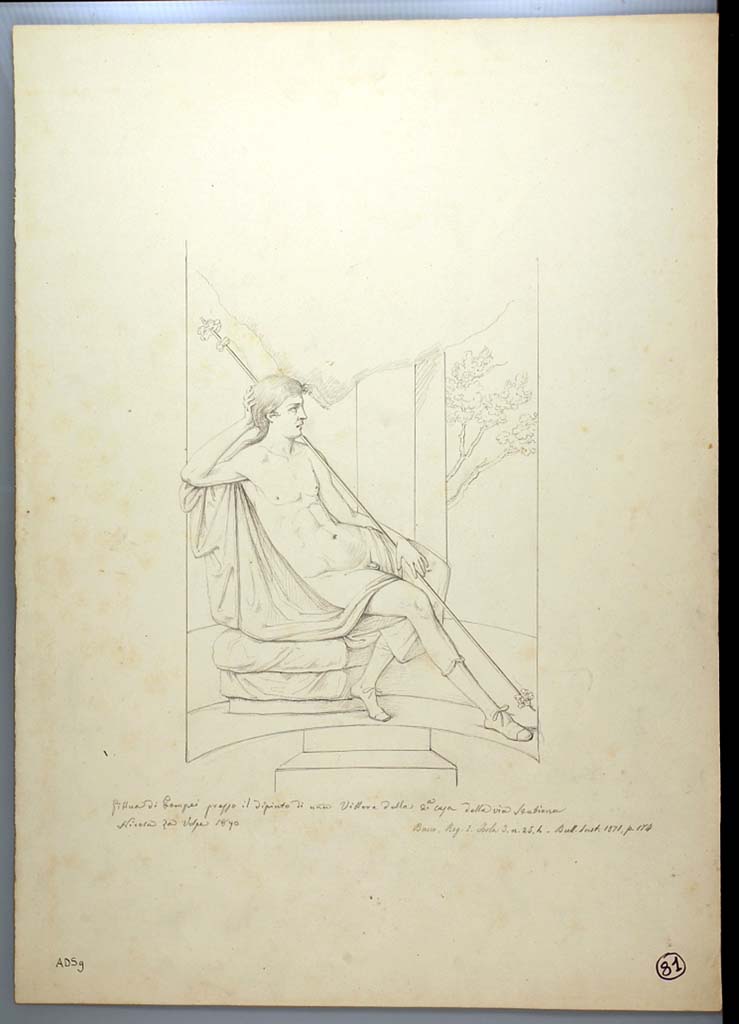 I.3.25 Pompeii. Drawing by Nicola La Volpe, 1870, of painting seen in centre of east wall of oecus.
See Sogliano, A., 1879. Le pitture murali campane scoverte negli anni 1867-79. Napoli: Giannini. (p.38, no.156, described as young Dionysus)
Now in Naples Archaeological Museum. Inventory number ADS 9.
Photo  ICCD. http://www.catalogo.beniculturali.it
Utilizzabili alle condizioni della licenza Attribuzione - Non commerciale - Condividi allo stesso modo 2.5 Italia (CC BY-NC-SA 2.5 IT)
