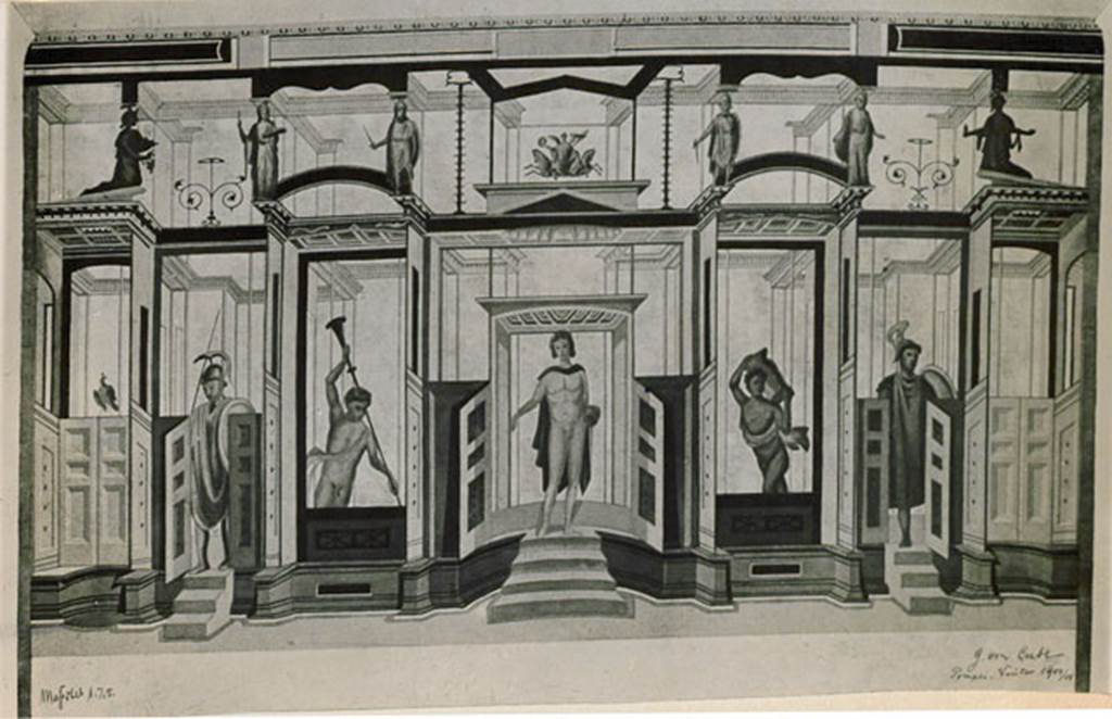 I.3.25 Pompeii. 1935 photograph taken by Tatiana Warscher. According to Warscher, not having found a photograph of the walls of this room, she included a reproduction of the design from G. von Cube, the author of the study published in his article entitled Die romische Scenae Frons, Tavola II, p.22
See Warscher, T, 1935: Codex Topographicus Pompejanus, Regio I, 3: (no.70), Rome, DAIR, whose copyright it remains.  

