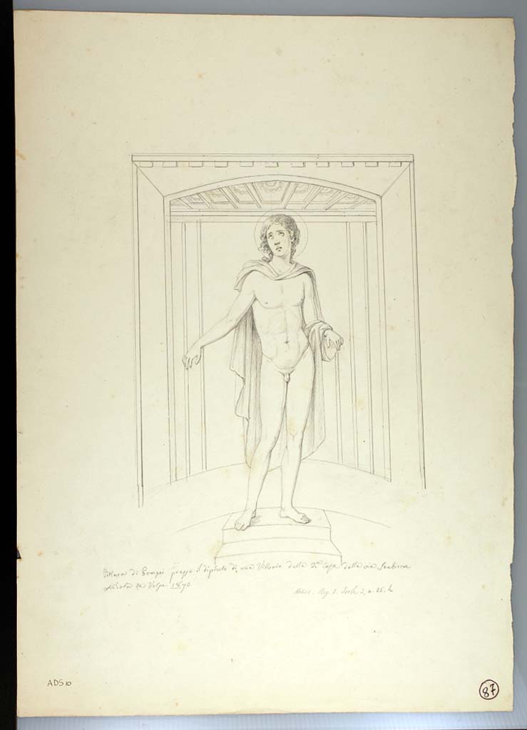 I.3.25 Pompeii. 1870 drawing by Nicola La Volpe of central painting of Hesperus from south wall. 
See Sogliano, A., 1879. Le pitture murali campane scoverte negli anni 1867-79. Napoli: Giannini. (p.74, no.455, described as Helios).
Now in Naples Archaeological Museum. Inventory number ADS 10.
Photo  ICCD. http://www.catalogo.beniculturali.it
Utilizzabili alle condizioni della licenza Attribuzione - Non commerciale - Condividi allo stesso modo 2.5 Italia (CC BY-NC-SA 2.5 IT)
