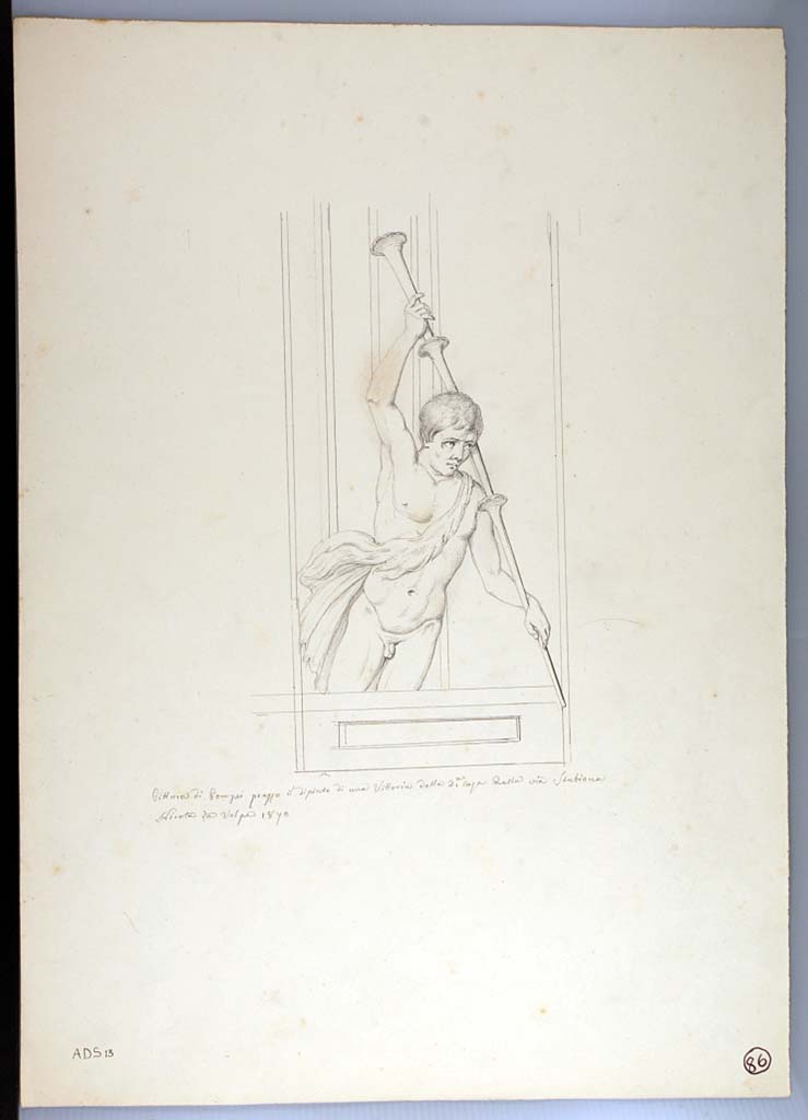 I.3.25 Pompeii. South wall of oecus, on east side of central painting. 
1870 drawing by Nicola La Volpe of a carrier of a torch seen in the architecture.
See Sogliano, A., 1879. Le pitture murali campane scoverte negli anni 1867-79. Napoli: Giannini. (p.43, no.186, described as a Satyr).
Now in Naples Archaeological Museum. Inventory number ADS 13.
Photo  ICCD. http://www.catalogo.beniculturali.it
Utilizzabili alle condizioni della licenza Attribuzione - Non commerciale - Condividi allo stesso modo 2.5 Italia (CC BY-NC-SA 2.5 IT)
