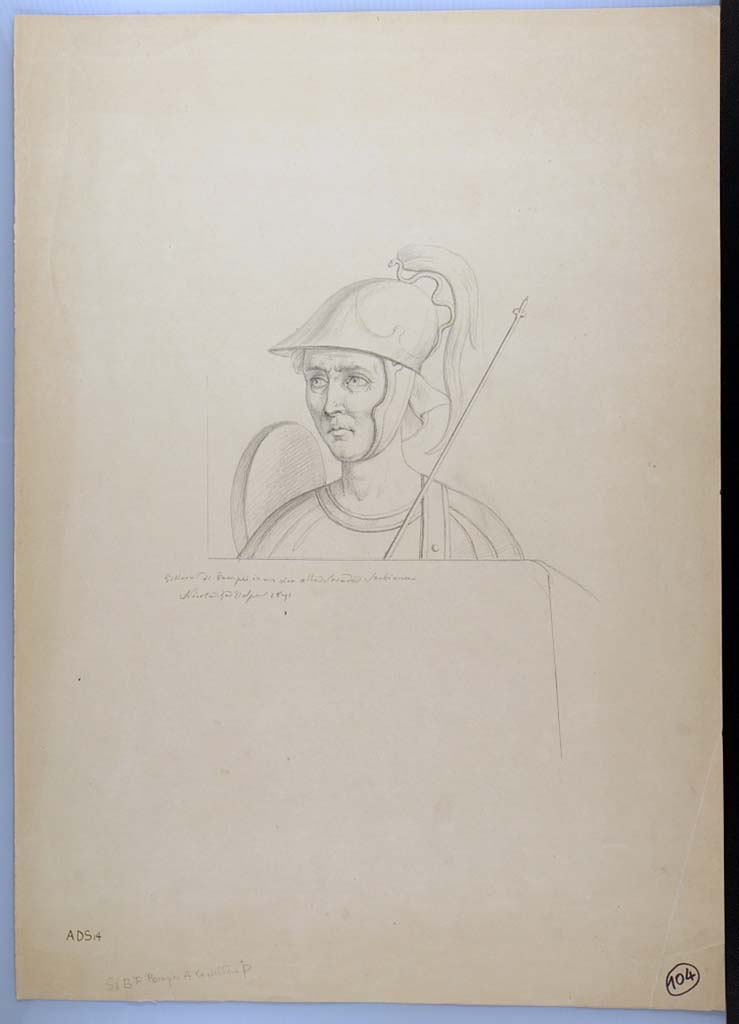 I.3.25 Pompeii. 1870 drawing by Nicola La Volpe of an armed soldier with helmet, shield and lance.
From east side of south wall of oecus.
See Sogliano, A., 1879. Le pitture murali campane scoverte negli anni 1867-79. Napoli: Giannini. (p.152, no.767).
Now in Naples Archaeological Museum. Inventory number ADS 14.
Photo  ICCD. http://www.catalogo.beniculturali.it
Utilizzabili alle condizioni della licenza Attribuzione - Non commerciale - Condividi allo stesso modo 2.5 Italia (CC BY-NC-SA 2.5 IT)

