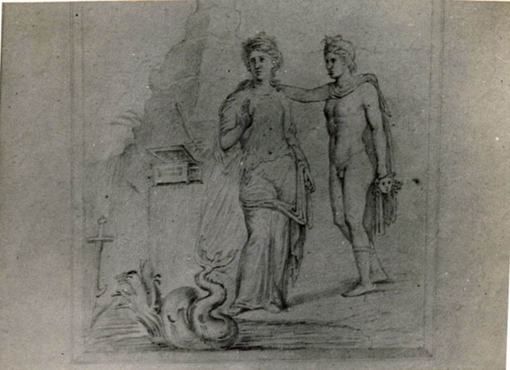 I.3.25 Pompeii. 1935 photograph taken by Tatiana Warscher of a 1871 reproduction of a design belonging to DAI.
Perseus and Andromeda, from the east wall of the cubiculum.  
See Warscher, T, 1935: Codex Topographicus Pompejanus, Regio I, 3: (no.67), Rome, DAIR, whose copyright it remains.  
See Bragantini, de Vos, Badoni, 1981. Pitture e Pavimenti di Pompei, Parte 1. Rome: ICCD. (p.8).