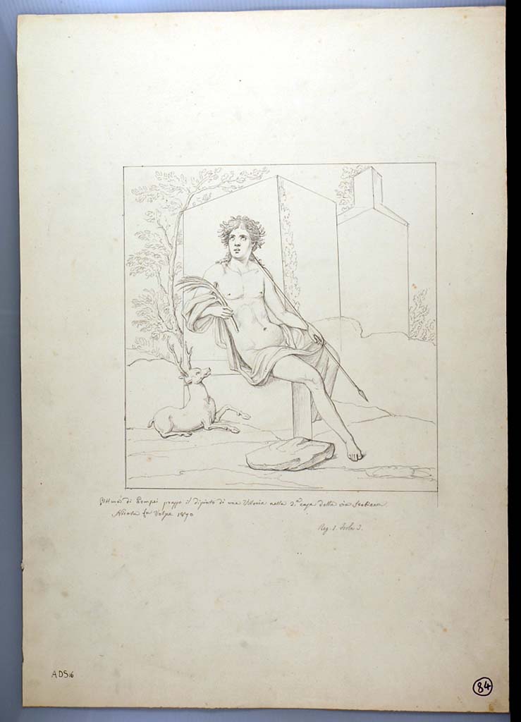 I.3.25 Pompeii. 1870 drawing by Nicola La Volpe of painting of Cyparissus seen in centre of south wall.
The painting was stolen in 1977.
See Sogliano, A., 1879. Le pitture murali campane scoverte negli anni 1867-79. Napoli: Giannini. (p.28, no.109).
Now in Naples Archaeological Museum. Inventory number ADS 16.
Photo  ICCD. http://www.catalogo.beniculturali.it
Utilizzabili alle condizioni della licenza Attribuzione - Non commerciale - Condividi allo stesso modo 2.5 Italia (CC BY-NC-SA 2.5 IT)
