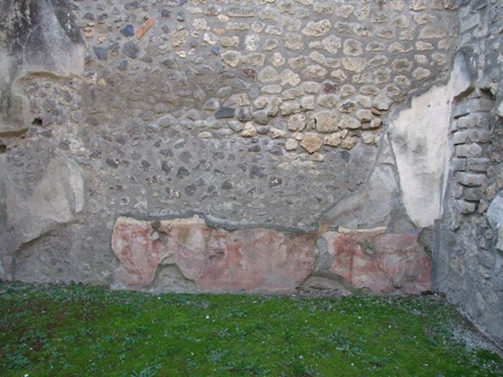 I.4.25 Pompeii. December 2007. Room 50, looking towards west wall.
The walls of this room were decorated with a red zoccolo with painted plants, and a white painted middle zone.