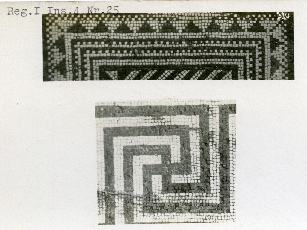 I.4.25 Pompeii. Pre-1937-1939. 
Upper mosaic, not yet found, but perhaps from room 34 as it appears to be similar. 
Lower photo of mosaic probably from exedra, room 35
Photo courtesy of American Academy in Rome, Photographic Archive. Warsher collection no. 330.

