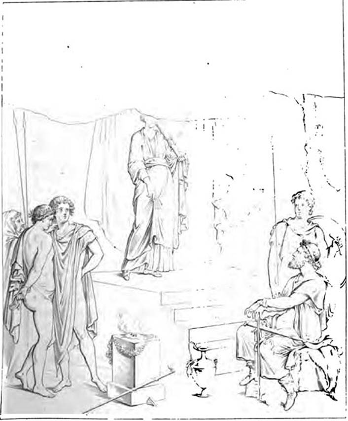 I.4.25 Pompeii. c.1857. Room 35, exedra. Sketch of wall painting of Iphigenia in Tauris with Thoas (Toantes), Orestes and Pylades. See Real Museo Borbonico, Part XVI, Table XVII.