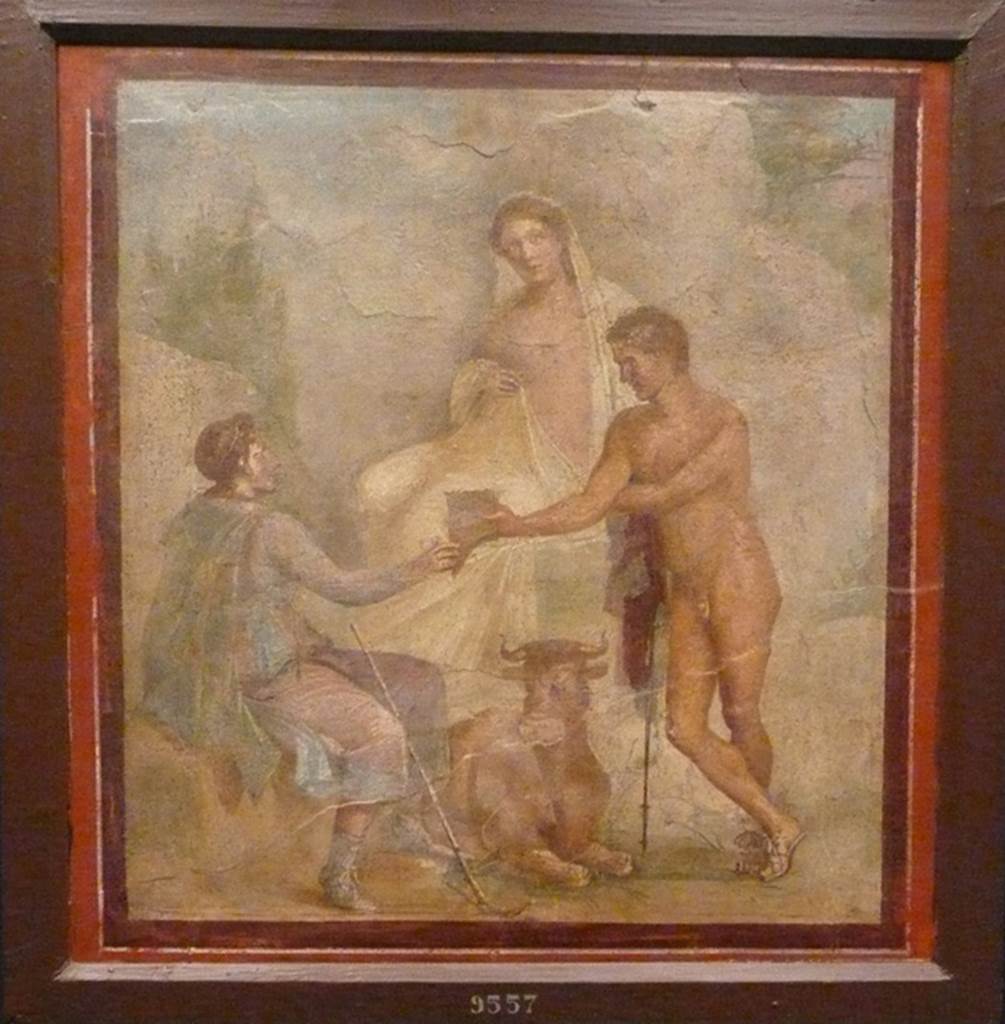 I.4.25 Pompeii. 
Room 37, north wall of triclinium on west side of lower peristyle 32. Wall painting of the myth of Io, Argo and Mercury. 
Now in Naples Archaeological Museum. Inventory number 9557.


