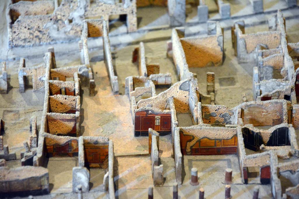 I.4.25/1.4.5 Pompeii. May 2019. Detail from model in Naples Archaeological Museum.
Looking west from above Middle Peristyle 17, lower centre, and Tablinum14 leading into atrium of I.4.5, centre left.
Foto Tobias Busen, ERC Grant 681269 DCOR.
