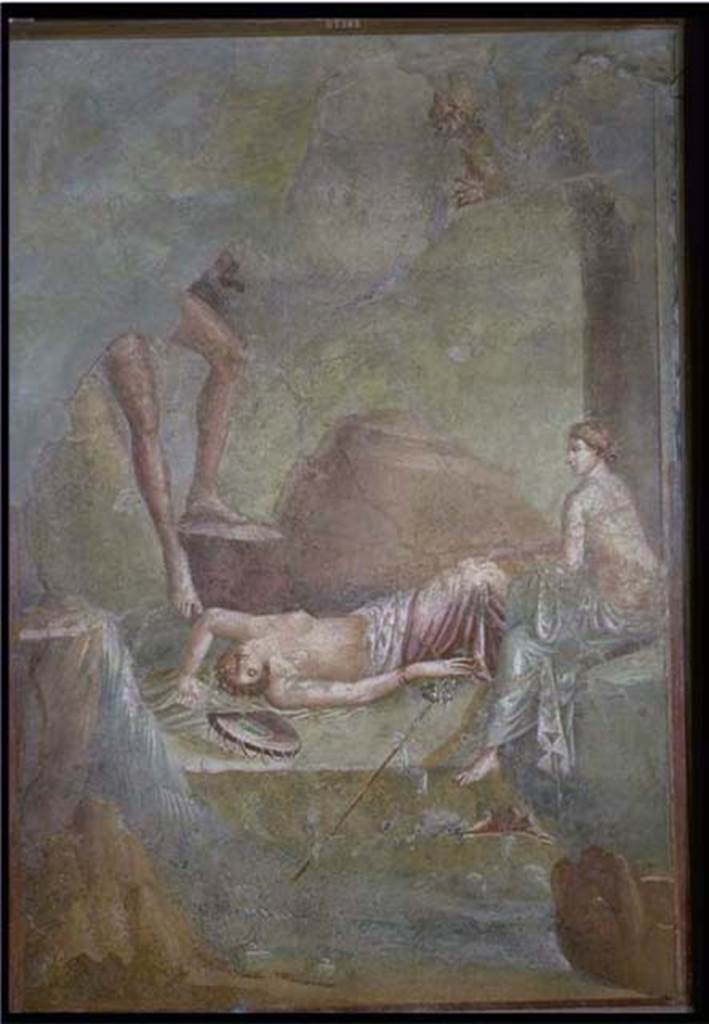 I.4.25 Pompeii. Found 1863? Room 19, south wall of triclinium of Antiope.
Painting of Antiope sleeping by a stream.
Now in Naples Archaeological Museum. Inventory number 112283.

