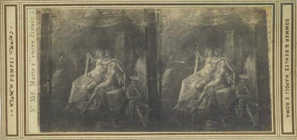 I.4.25 Pompeii. Stereoview by Sommer and Behles, c.1867. Marte e Venere Fresco. Photo courtesy of Rick Bauer.
On the rear of the stereoview is a handwritten note – 
“Showing frescoe painting in the House of Diomedes in the ruins of Pompeii. Visited June 22nd 1867.” 
The fresco is now in Naples Archaeological Museum and was originally from 1.4.25 and not the House of Diomedes.  

