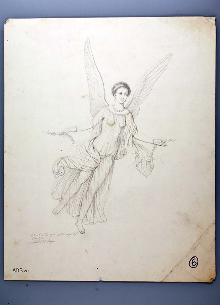 I.4.25 Pompeii. Room 21, painted flying Vittoria from a wall of oecus. 
Drawing by Nicola La Volpe, of a painting left in situ, and now faded and disappeared.
Now in Naples Archaeological Museum. Inventory number ADS 20.
Photo  ICCD. https://www.catalogo.beniculturali.it
Utilizzabili alle condizioni della licenza Attribuzione - Non commerciale - Condividi allo stesso modo 2.5 Italia (CC BY-NC-SA 2.5 IT)
