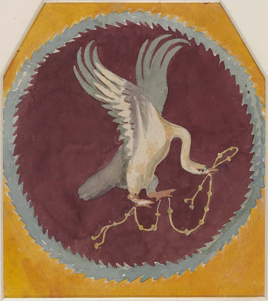 I.4.25 Pompeii. c.1879. 
Painting by Sydney Vacher, of painted panel of bird with ribbon in mouth and claw, from the north wall of upper peristyle 56 at east end. 
Photo  Victoria and Albert Museum, inventory number E.4422-1910.

