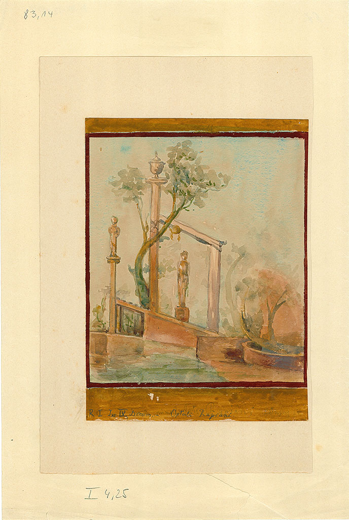 I.4.25 Pompeii. Painting of sacred landscape with tree, statues and pillar with vase. 
From upper peristyle 56, north wall, east end. 
This is from the fourth panel from the west in the Mau painting above. The artist is unknown.
DAIR 83.14. Photo  Deutsches Archologisches Institut, Abteilung Rom, Arkiv. 
See Carratelli, G. P., 1990-2003. Pompei: Pitture e Mosaici: Vol. 1. Roma: Istituto della enciclopedia italiana, pp. 164-5.
