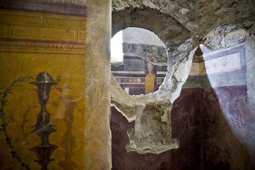 I.6.2 Pompeii. December 2015. West wall of frigidarium.
Niche in west wall with painting of candelabrum.
At the rear, through the window, the west wall of the east wing of the cryptoporticus can be seen.