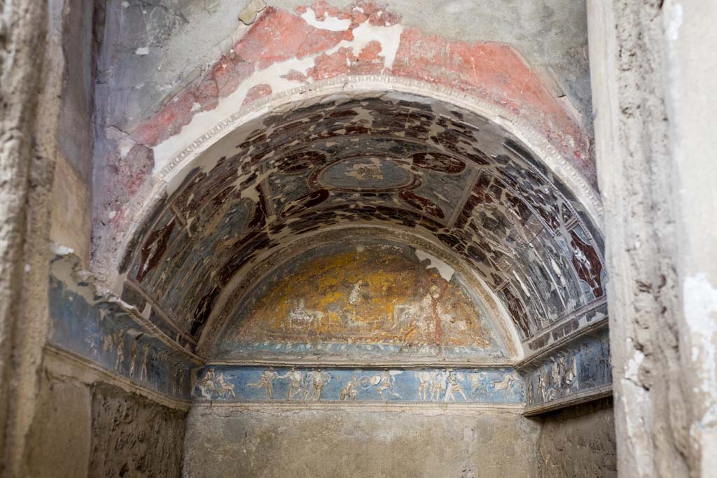 I.6.4 Pompeii. December 2021. 
Room 16, sacellum. Stucco ceiling, lunette with Diana and Endymion, and Iliac relief. Photo courtesy of Johannes Eber.

.