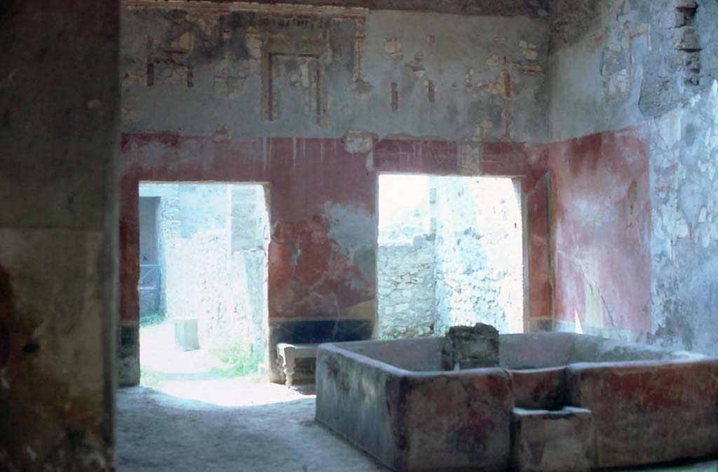 I.6.7, Pompeii, 7th August 1976. Atrium, looking towards south wall and south-west corner.
Photo courtesy of Rick Bauer, from Dr George Fay’s slides collection.