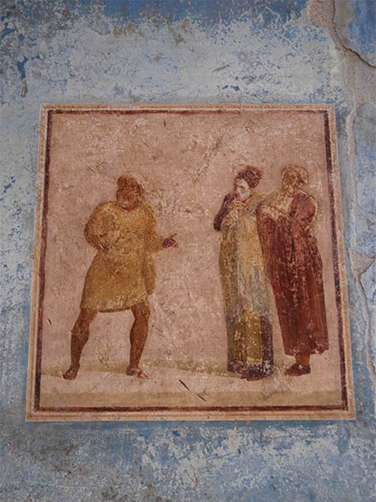 I.6.11 Pompeii. October 2013. East wall of atrium, wall painting of theatrical scene. Photo courtesy of Paula Lock