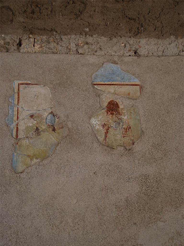 I.6.11 Pompeii. October 2013. East wall of atrium. Remains of wall painting from south side of the door to the second cubiculum in the east wall of atrium. Photo courtesy of Paula Lock.