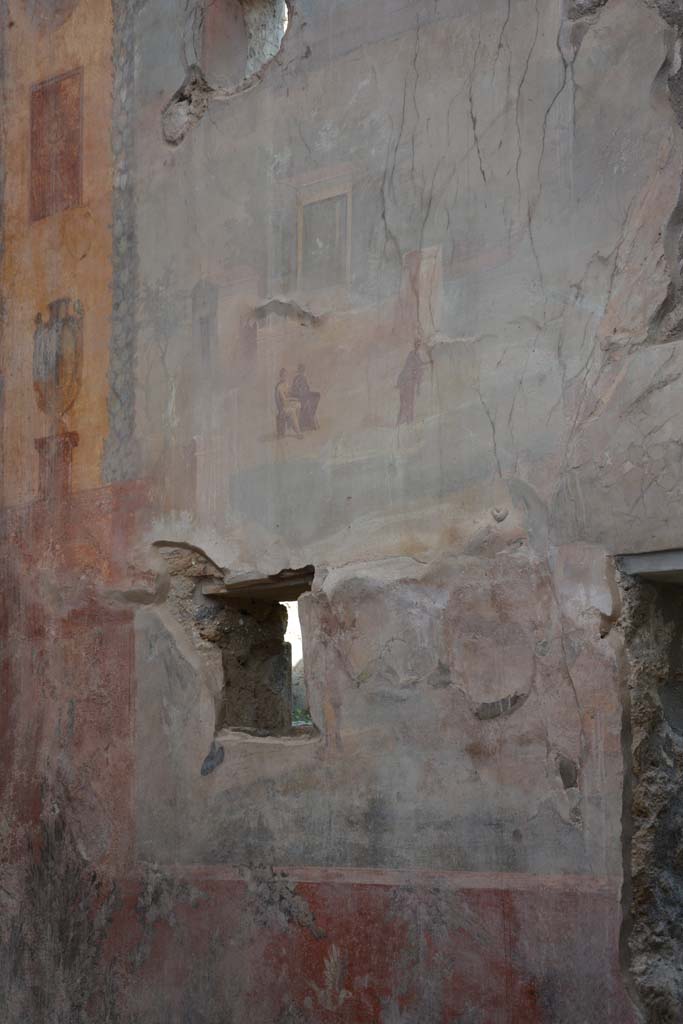 I.6.15 Pompeii. March 2019.
Room 9, detail of painting of Nile scene with figures and temple from eats wall at north end.
Foto Annette Haug, ERC Grant 681269 DÉCOR