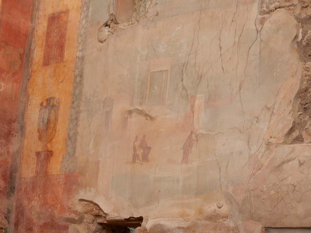 I.6.15 Pompeii. June 2019. Room 9, east wall of small garden. Detail from north end of east wall.
Photo courtesy of Buzz Ferebee.