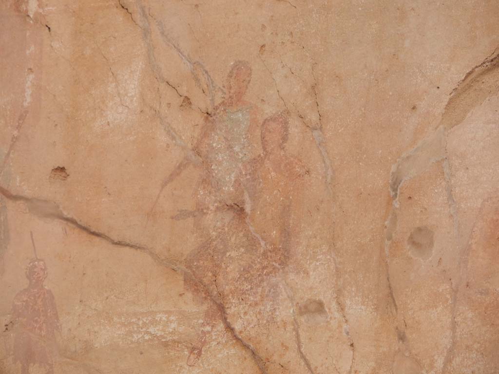I.6.15 Pompeii. June 2019. Room 9, east wall of small garden. Detail of figures in Nile scene.
Photo courtesy of Buzz Ferebee.