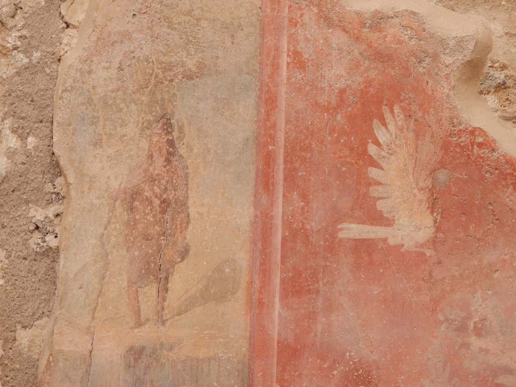 I.6.15 Pompeii. June 2019. Room 9, detail of paintings on south side of window in east wall of small garden.
Photo courtesy of Buzz Ferebee.