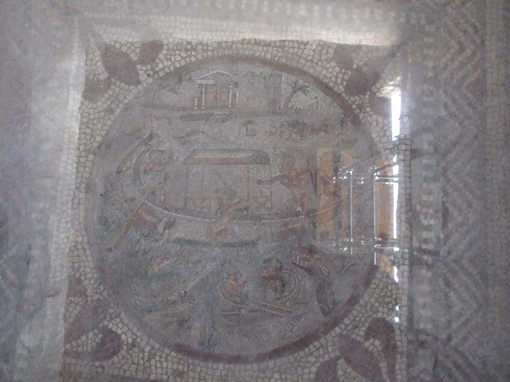 I.7.1 Pompeii. December 2006. Triclinium on north side of peristyle. Detail of mosaic centrepiece of Nile scene.