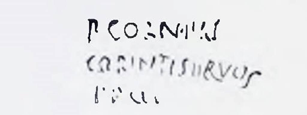 I.7.2 Pompeii. Drawing of inscription written below the handle in the fresh clay on the terracotta vase.
In NdS 1927 Maiuri interpreted this as
"P. Corneli Corinti servos fecit"
See Spinazzola, V. Pompei, alla luce degli Scavi Nuovi di Via dellAbbondanza (Anni 1910-1923), Vol.2, (p.687, fig.651).
See Notizie degli Scavi di Antichit, 1927, (p. 12).
See also I.7.4
