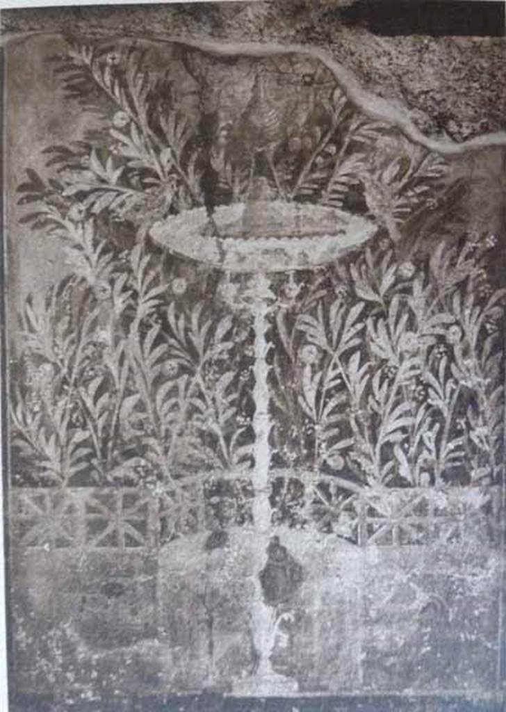 I.7.3 Pompeii. Old undated photograph showing the garden painting upon excavation. See Jashemski, W. F., 1993. The Gardens of Pompeii, Volume II: Appendices. New York: Caratzas. (p.37, with fig.36). A description of the garden painting is given on page 316, no. 7