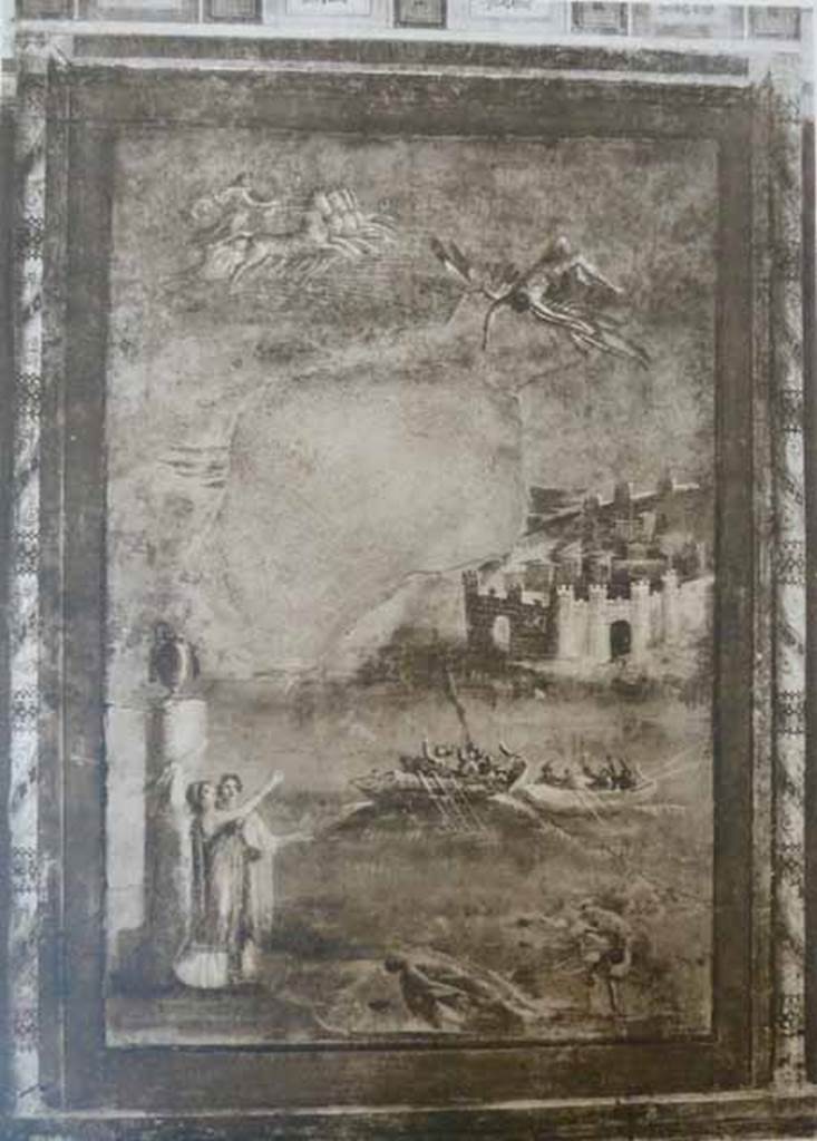I.7.7 Pompeii.  East wall of triclinium with wall painting of the Daedalus and Icarus, when first excavated.
