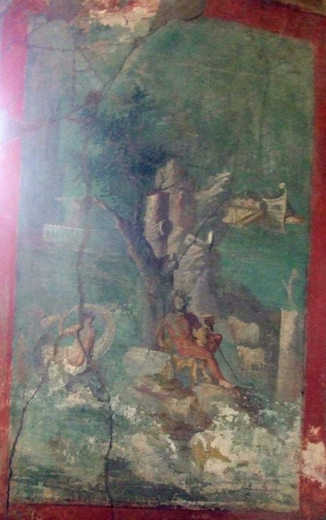 I.7.7 Pompeii. December 2006. 
South wall of triclinium with wall painting of Polyphemus and Galatea. 
For a good description -
See Peters, W.J.T. (1963): Landscape in Romano-Campanian Mural Paintings. The Netherland, Van Gorcum & Comp. (p.91-94, fig 78)
