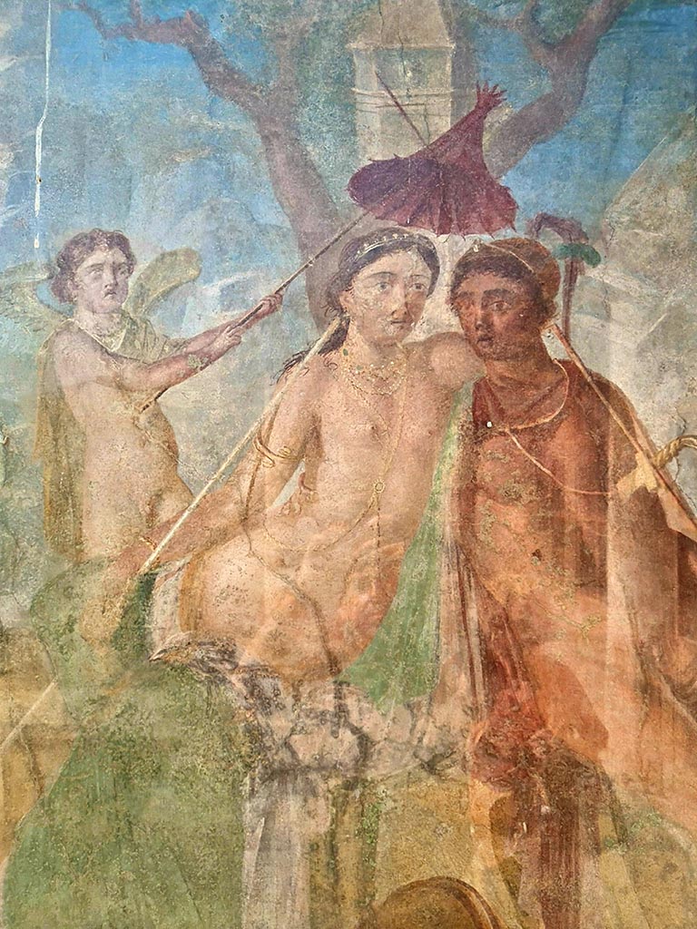 I.7.12 Pompeii. September 2024. 
Detail from wall painting of Mars and Venus, on west wall of north-portico. Photo courtesy of Giuseppe Ciaramella.

