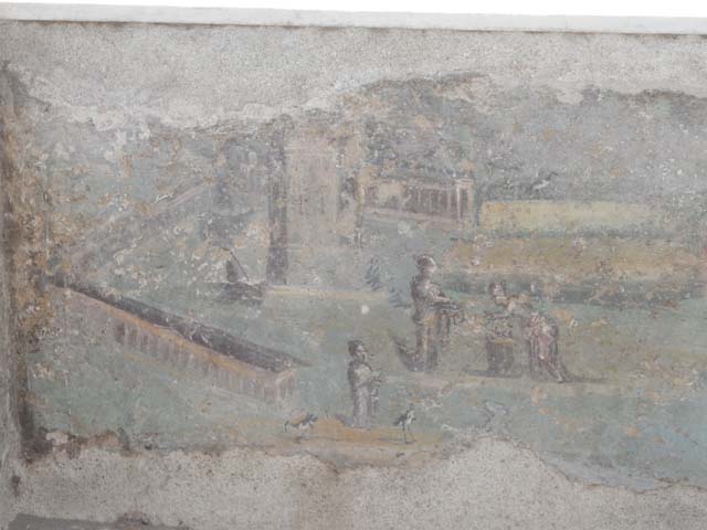 I.7.12 Pompeii. May 2017. Detail of painted panel on inside of west side of triclinium at south end. Photo courtesy of Buzz Ferebee.
