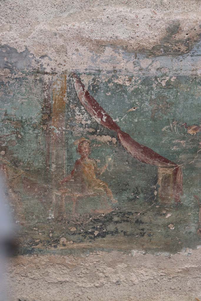 I.7.12 Pompeii. September 2021. 
Detail from painted panel at north end of east side of summer triclinium. Photo courtesy of Klaus Heese.
