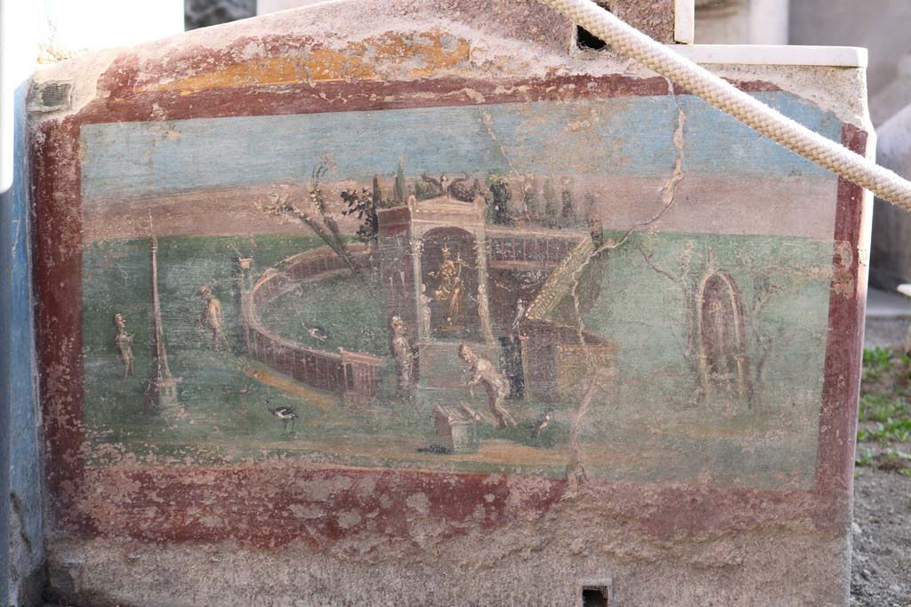 I.7.12 Pompeii. December 2018. Painted panel from north end of east side of summer triclinium. Photo courtesy of Aude Durand