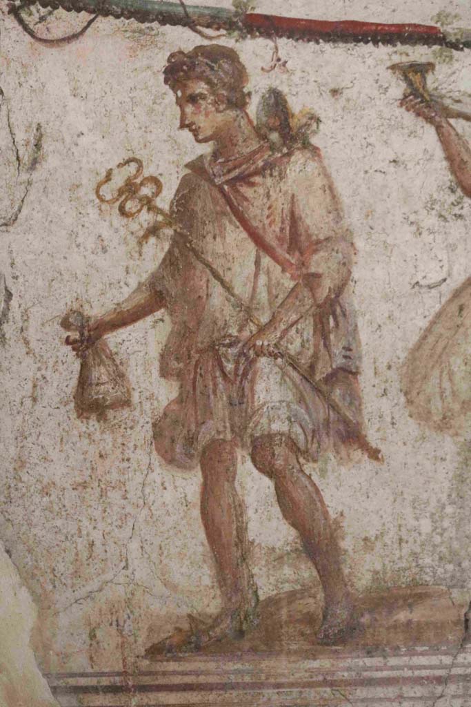 I.8.8 Pompeii. December 2018. Detail of painted figure of Mercury on the lararium. Photo courtesy of Aude Durand.