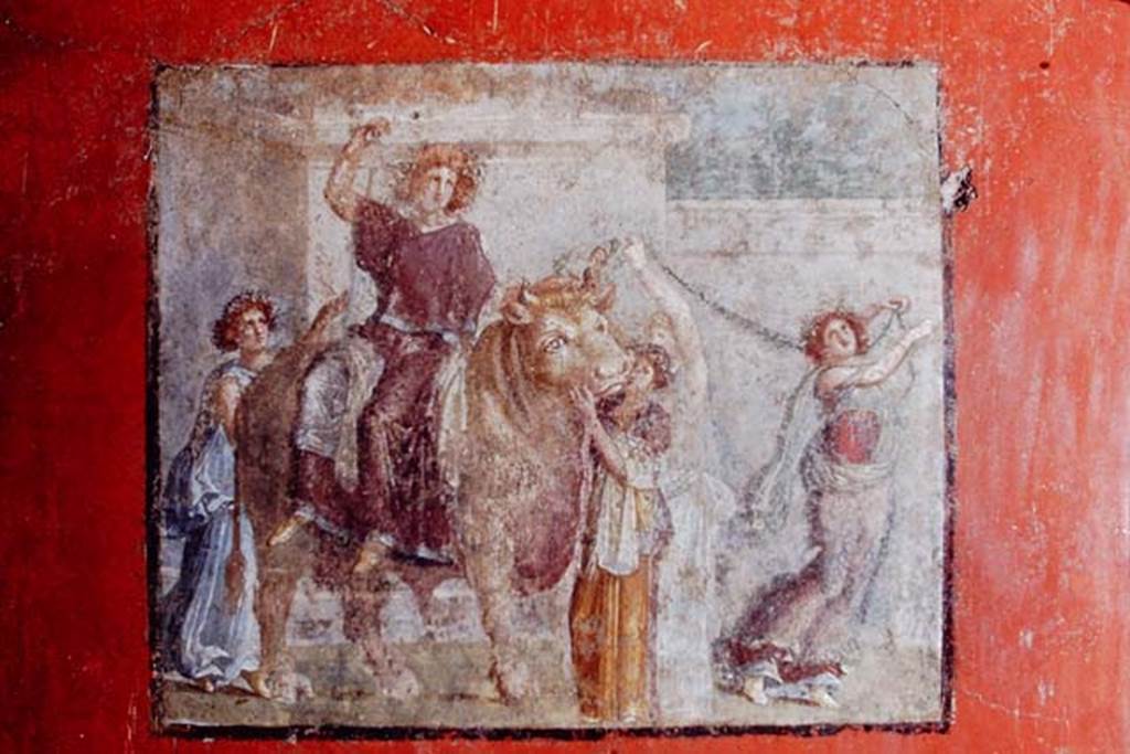 I.8.9 Pompeii, 1968. Room 7, triclinium. Central panel on east wall, wall painting of Europa and the Bull. Photo by Stanley A. Jashemski.
Source: The Wilhelmina and Stanley A. Jashemski archive in the University of Maryland Library, Special Collections (See collection page) and made available under the Creative Commons Attribution-Non Commercial License v.4. See Licence and use details.
J68f0613
