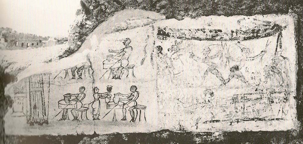 I.8.10 Pompeii. 1940. Entrance façade painting in situ. Photo courtesy of SAP.
According to Morelli, "this painting was on the façade wall of 1, 8, 10 and was detached from the wall, before it collapsed. Of it [in 1989] we have only photos and a drawing published by Maiuri, having presumably gone missing. On the one hand it represented a "ludi scenici", with some characters in masks and caps similar to those of Pulcinella (which gave the house its name) and on the other a scene in an artisan workshop, perhaps of a potter. Maiuri considered it not from the last years of the city, as it was found covered by a dense layer of plaster which then fell during the excavation. Therefore, the depicted scene, in the genre of sign paintings, would not allude to an activity practiced in 79 AD, but previously. Judging only by this photo, it looks like painting that is not devoid of liveliness but very summary, rendered in broad strokes of colour only for the outlines of the figures, which have no spatial setting".
See Morelli, V. C., L’insula 8 della Regio I: in Rivista di Studi Pompeiani, Vol. III, 1989, p.190, and fig. 9.
